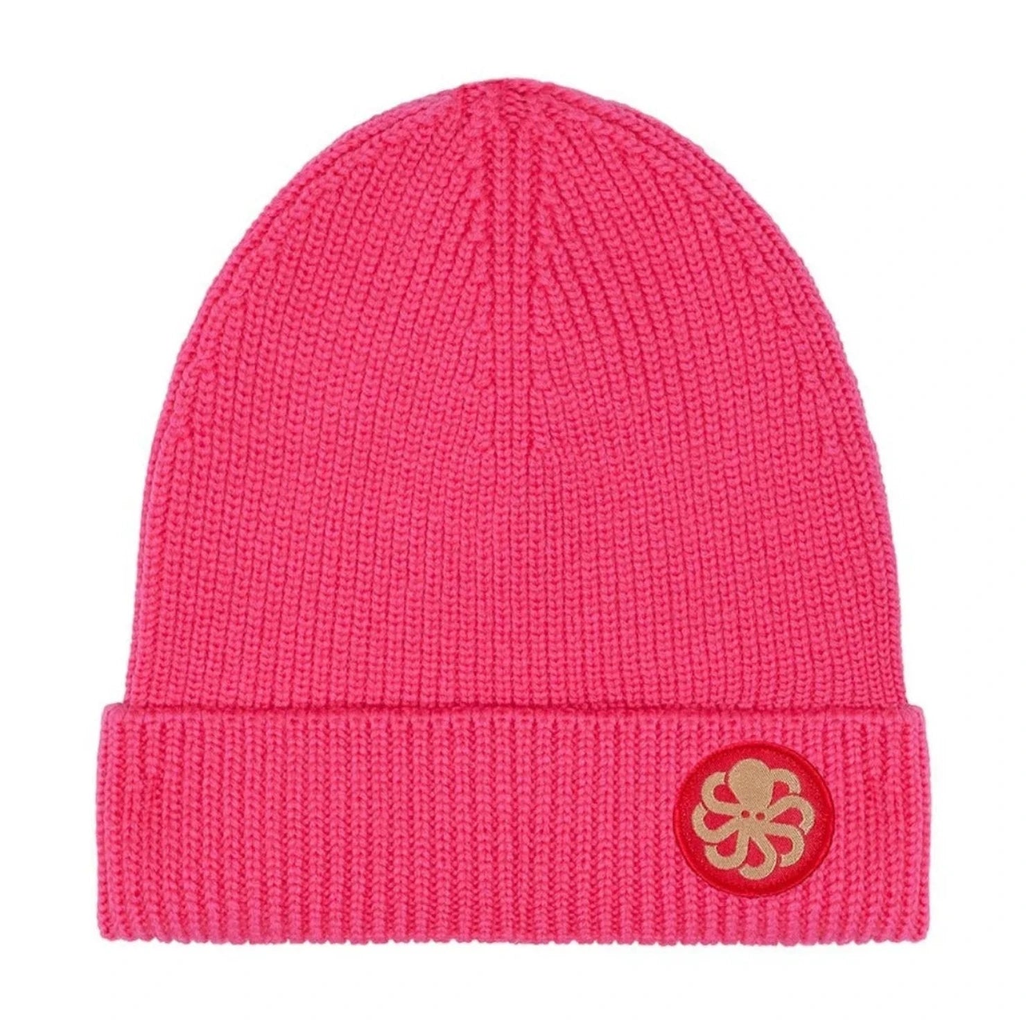 Modèle Laine Pink pour adulte et enfant présenté seul, forme ajustée avec large bord replié et petit patch cousu poulpe contrasté