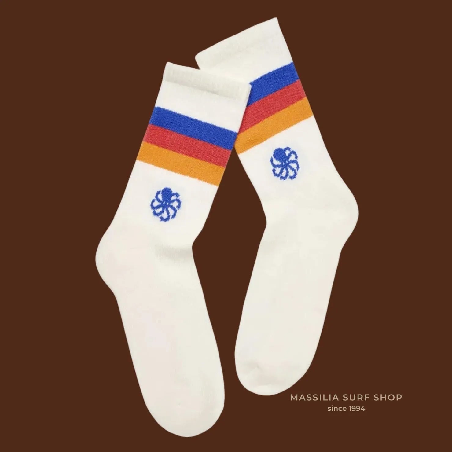 chaussettes jonsen island blanches avec bandes multicolore