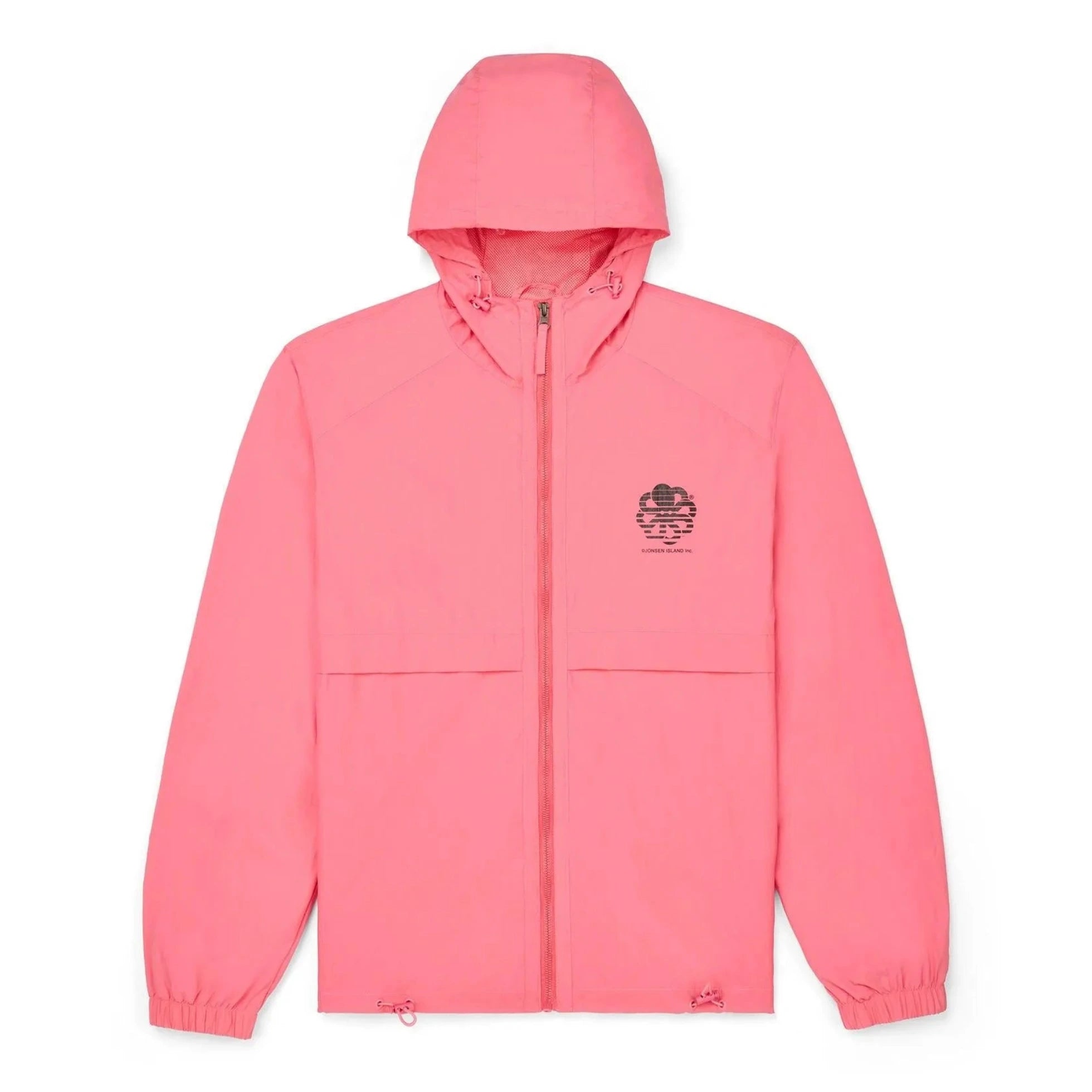 Face de la veste légère rose, fermeture zippée, poches frontales et emblème poulpe noir discret sur la poitrine