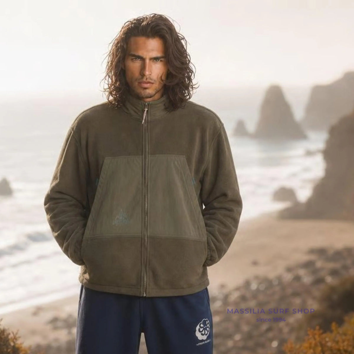 Polaire surfwear Jonsen Island Ventura kaki portée face à l’océan, zip intégral, col montant et large panneau frontal ton sur ton