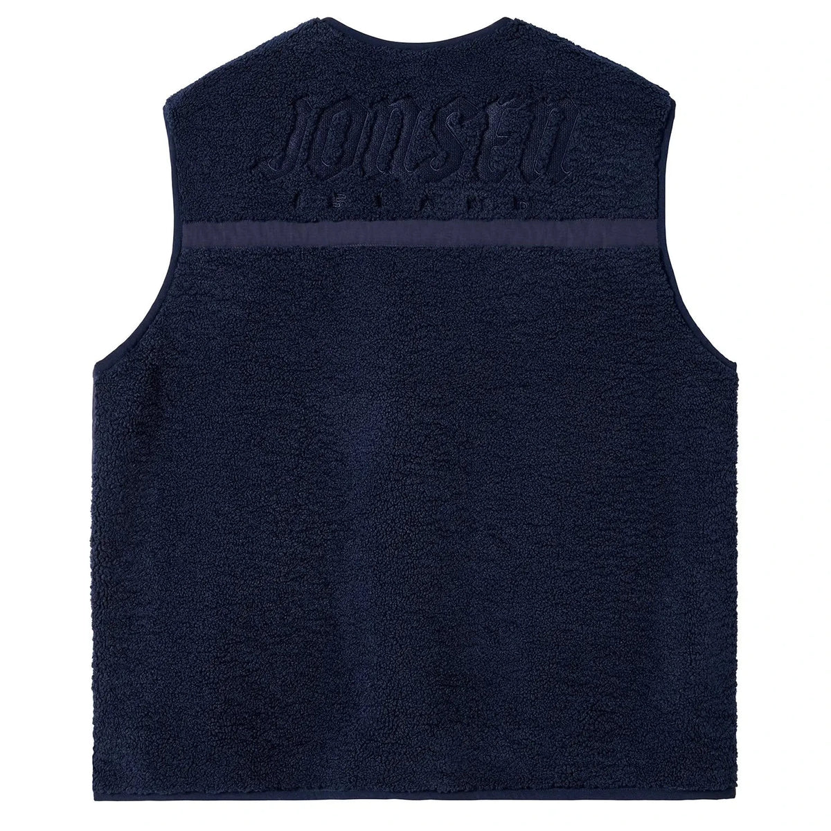 Dos du gilet bleu marine, empiècement supérieur contrasté par un large marquage ton sur ton aux épaules