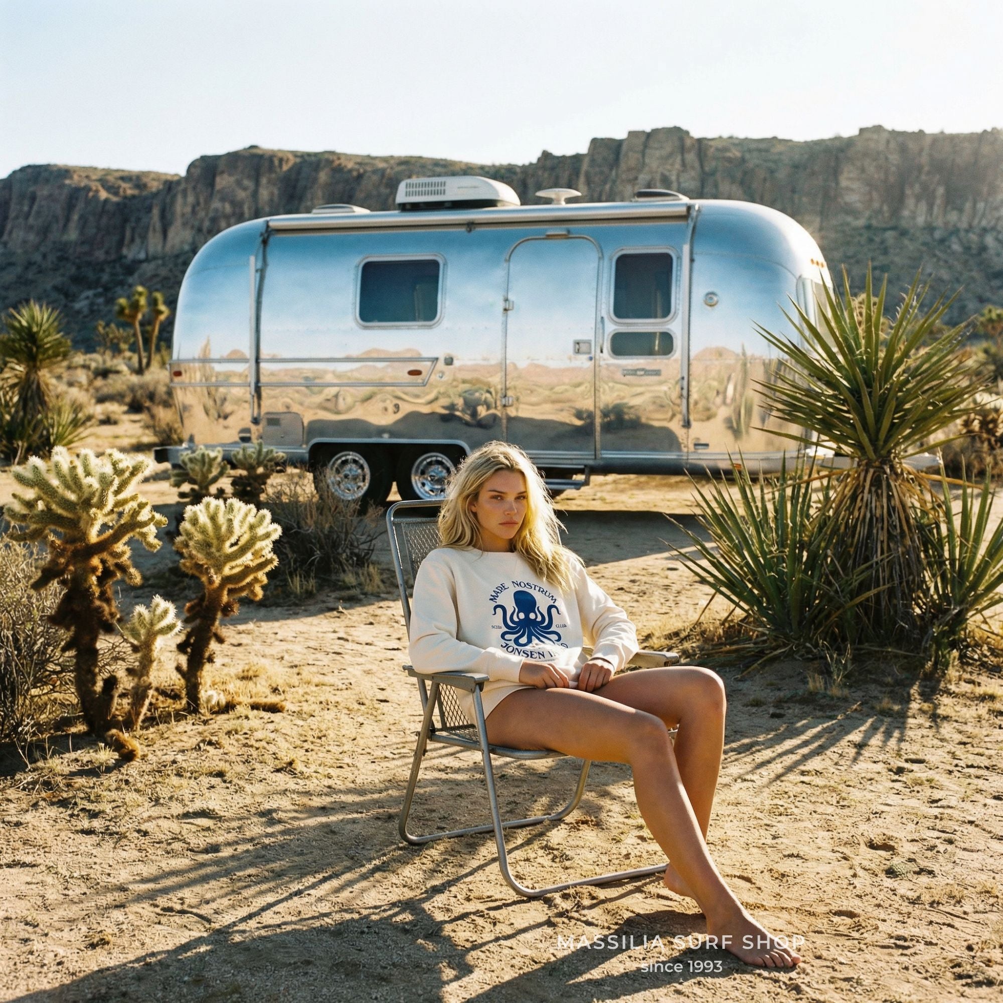 porte par femme avec caravane argentee en background
