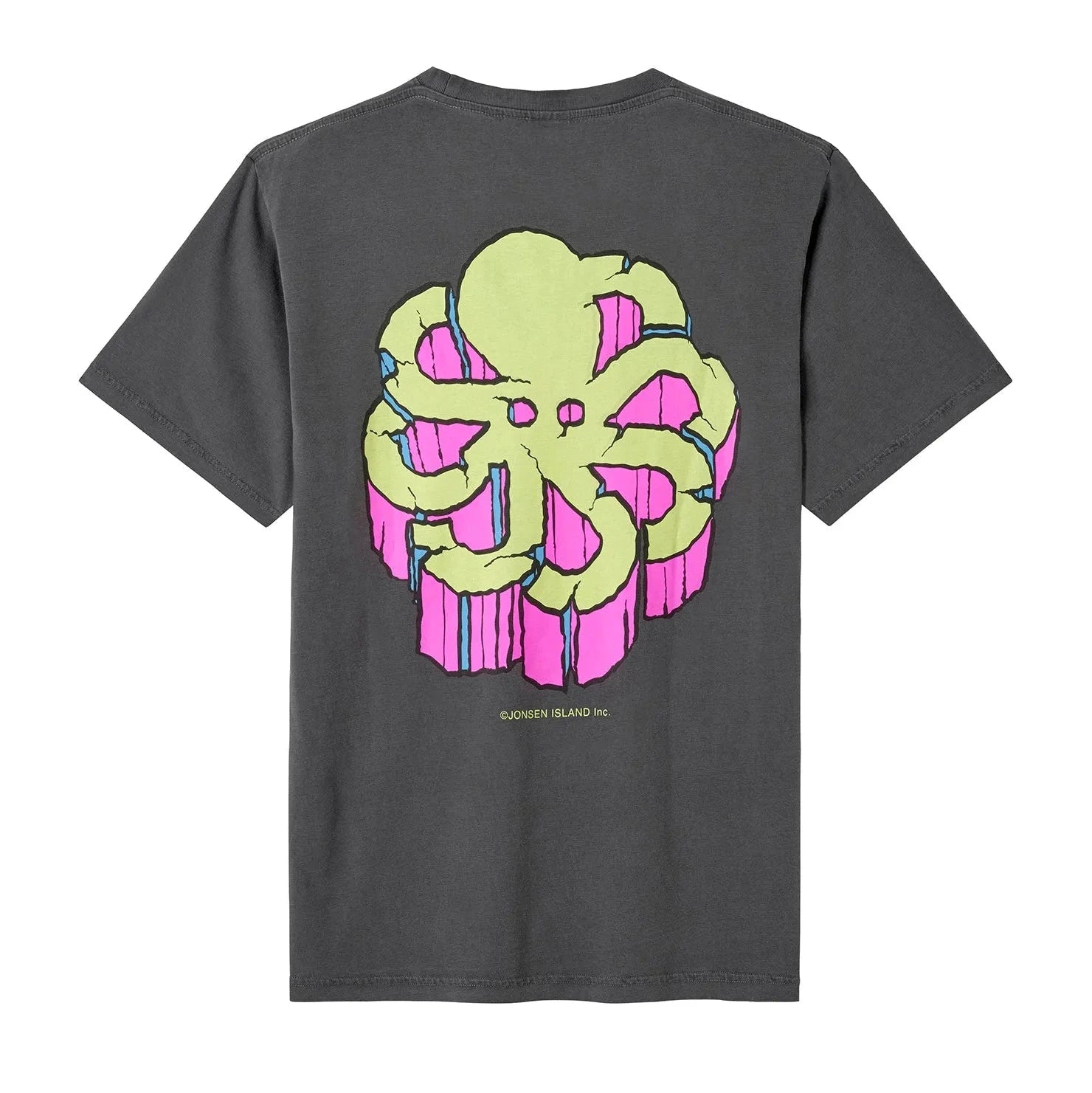 Dos du Classic Big Stone Age, large poulpe multicolore vert, rose et violet centré sur le haut du t-shirt