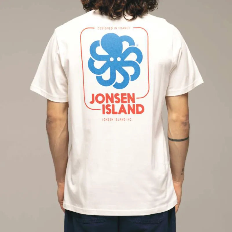 vue de dos porté par homme poulpe bleu et inscription et contour rouge