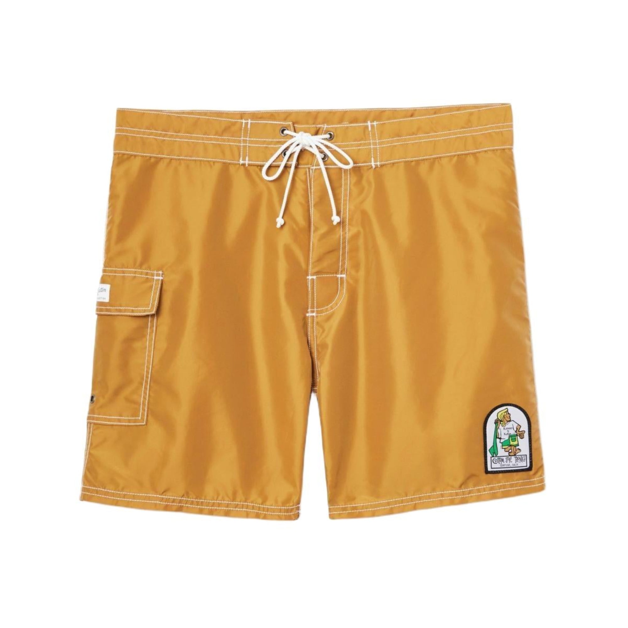 Boardshort homme Katin Waterman Trunk jaune taille élastique cordon de serrage poche latérale présenté à plat de face