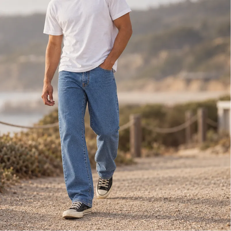 Jeans Katin George 64 Relaxed Medium Indigo bleu denim porté avec un t-shirt blanc et des baskets, jambes larges et droites, en extérieur sur un chemin.