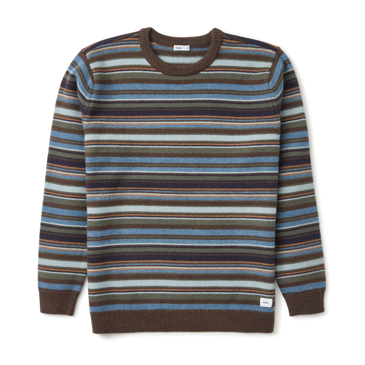 Pull col rond surfwear Katin Hitch Tempest blue à fines rayures horizontales bleu clair, brun, gris et beige sur l’ensemble du vêtement
