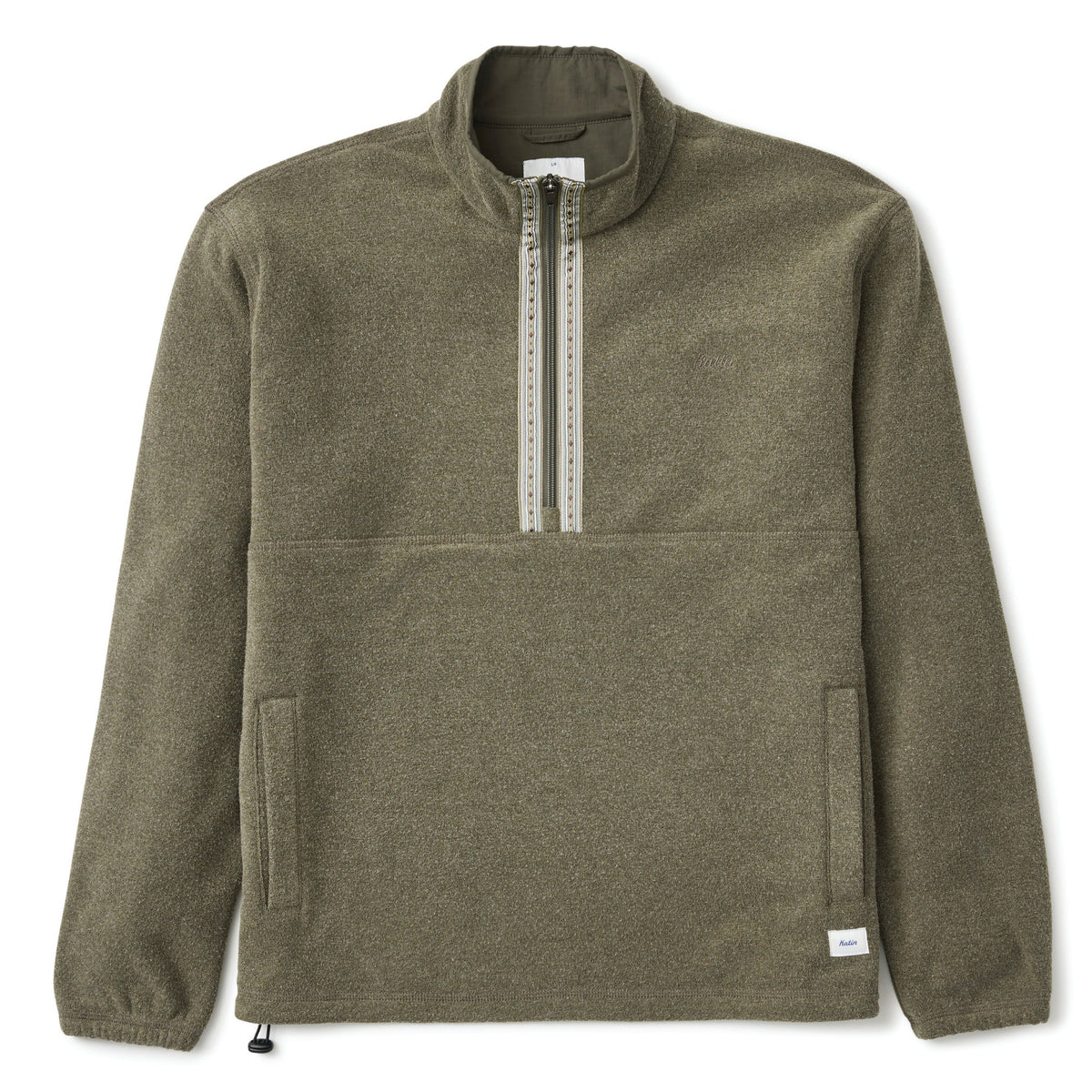 Sweat surfwear Katin Nelson olive, col montant zippé avec liseré rayé, poches latérales et logo discret sur la poitrine