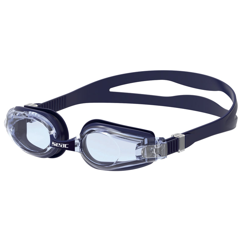 lunettes de natation adulte Seac Jump bleue pour nage en mer avec verres anti-buée, protection UV et sangle réglable.