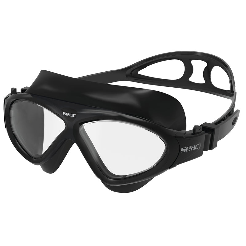 masque de nage en mer adulte Seac Vision HD noir avec verres larges, protection UV et sangle réglable.