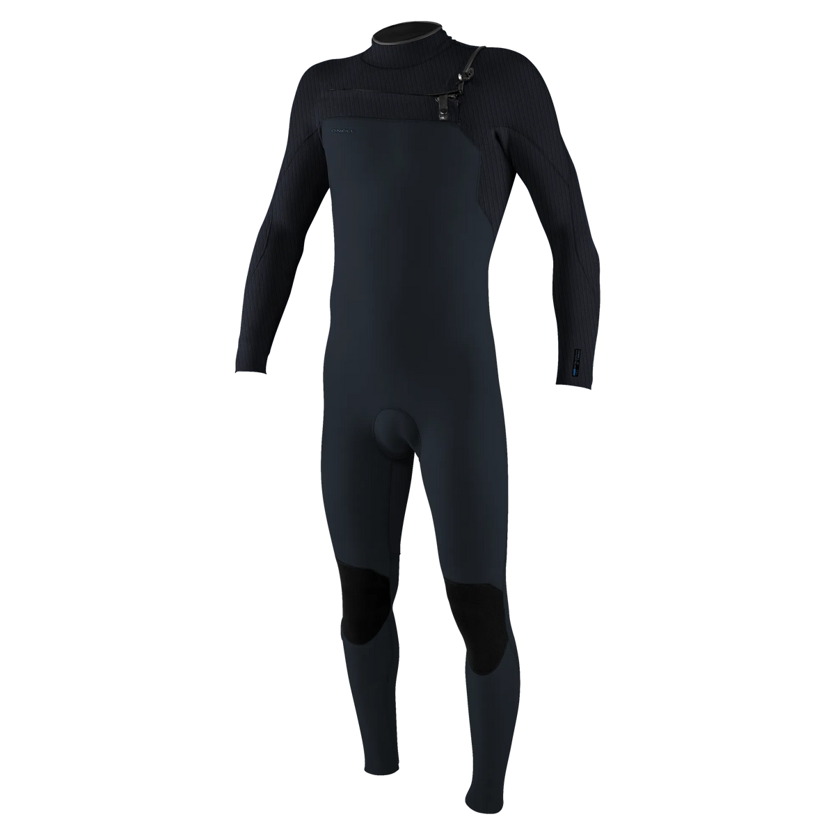 Vue de face de la combinaison O’Neill Hyperfreak Plus noire et gris foncé, présentée seule sur fond blanc.