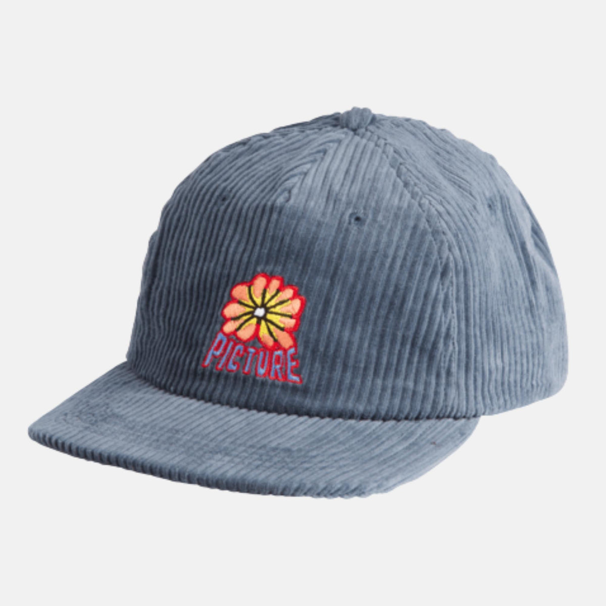 Casquette Picture Bubble Cap Vintage Indigo vue de trois-quarts, visière courbée et logo brodé sur le devant