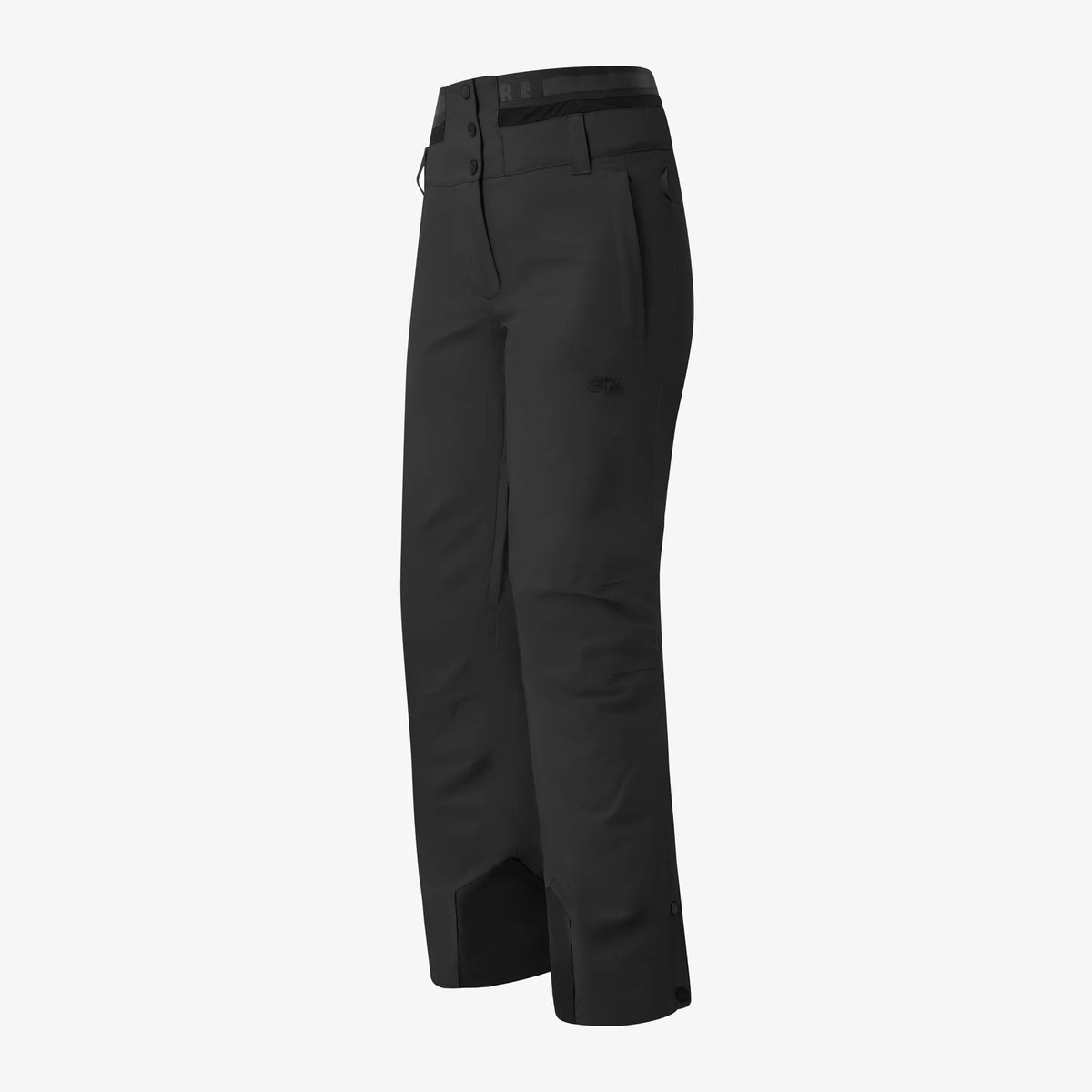 Vue latérale du pantalon de snowboard femme Picture Exa Black présenté seul, poche cargo et bas de jambe renforcé
