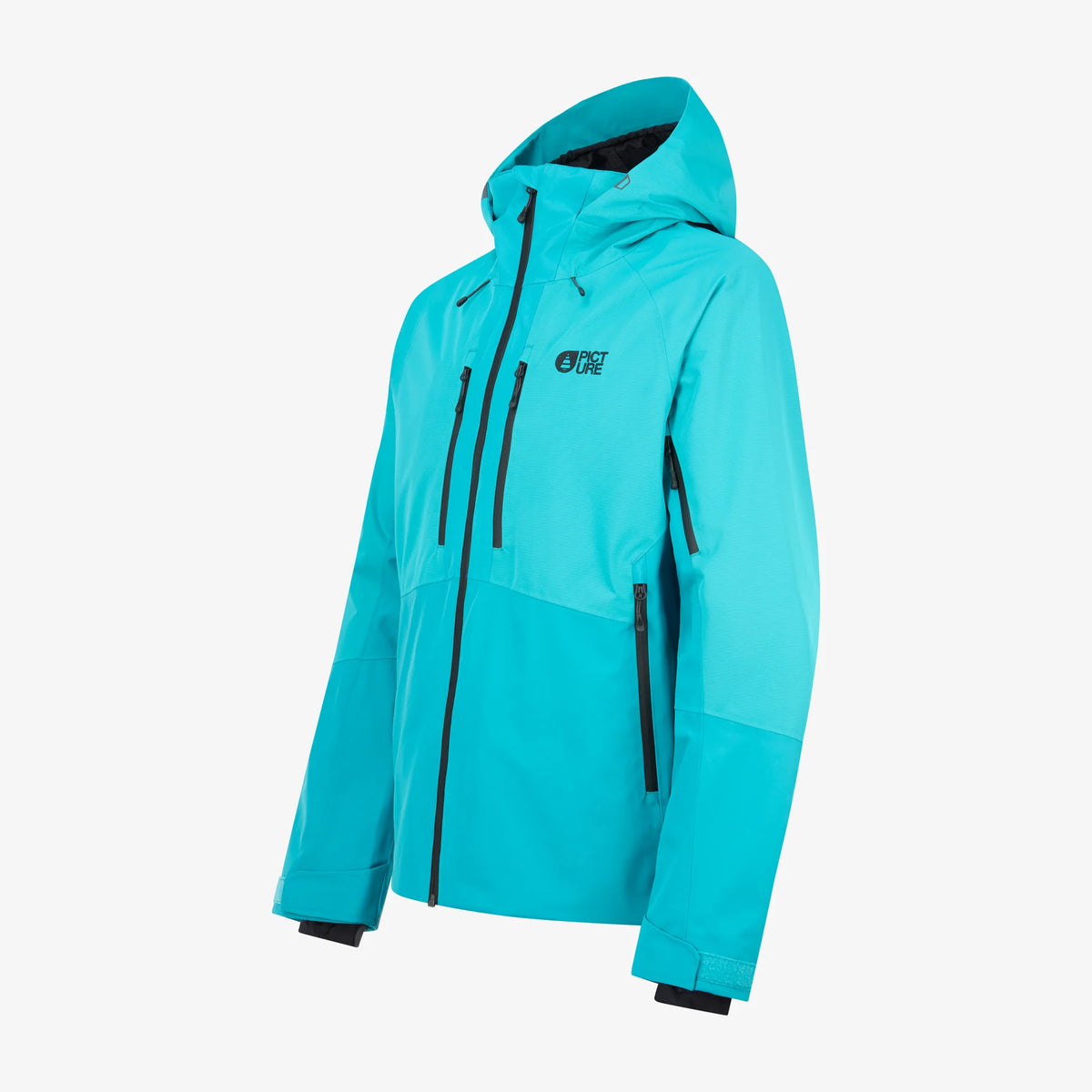 Picture Goods JKT Capri Breeze vue de trois-quarts, veste de snowboard homme bleu turquoise avec col montant
