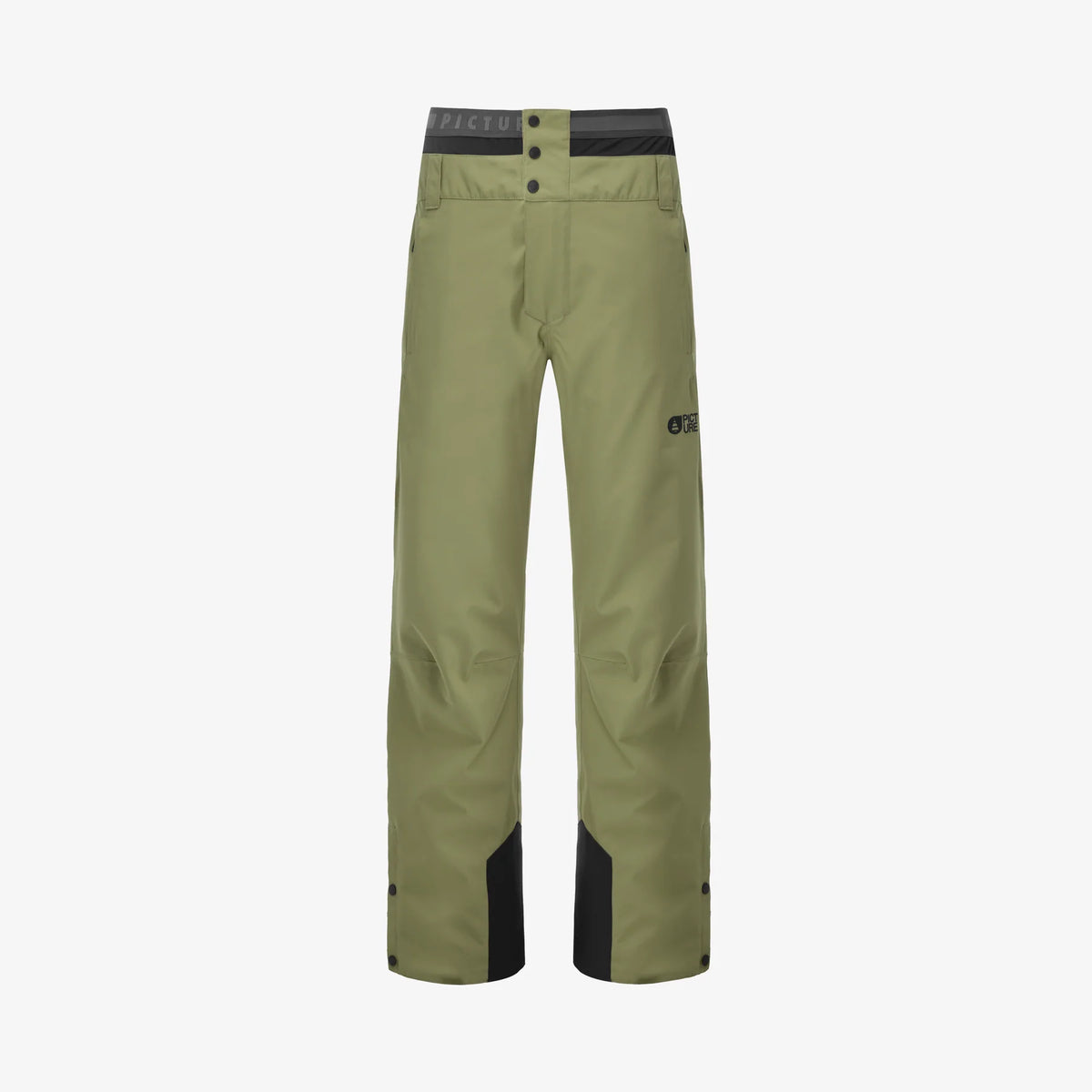 Pantalon homme Picture Object Pants Olivine présenté à plat de face, poches zippées et renforts au bas des jambes