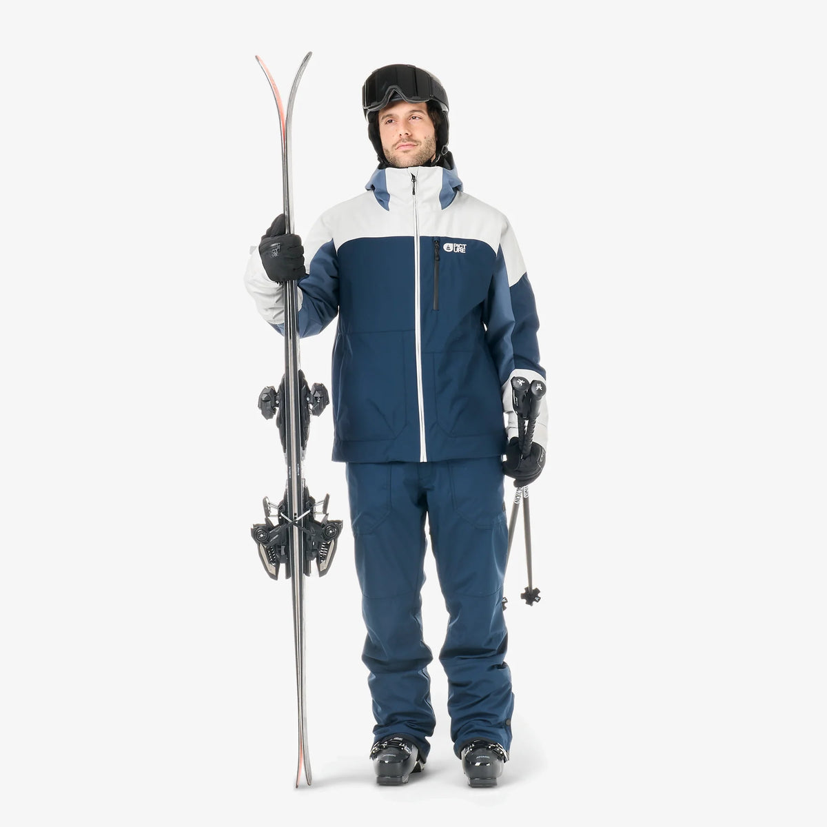Tenue complète de ski homme Picture avec pantalon Plan Pants Dress Blues, veste assortie, skis et bâtons