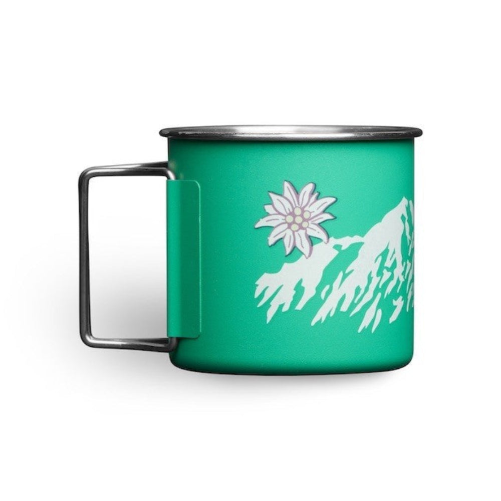 tasse verte avec montagne et fleur en inox pour camping