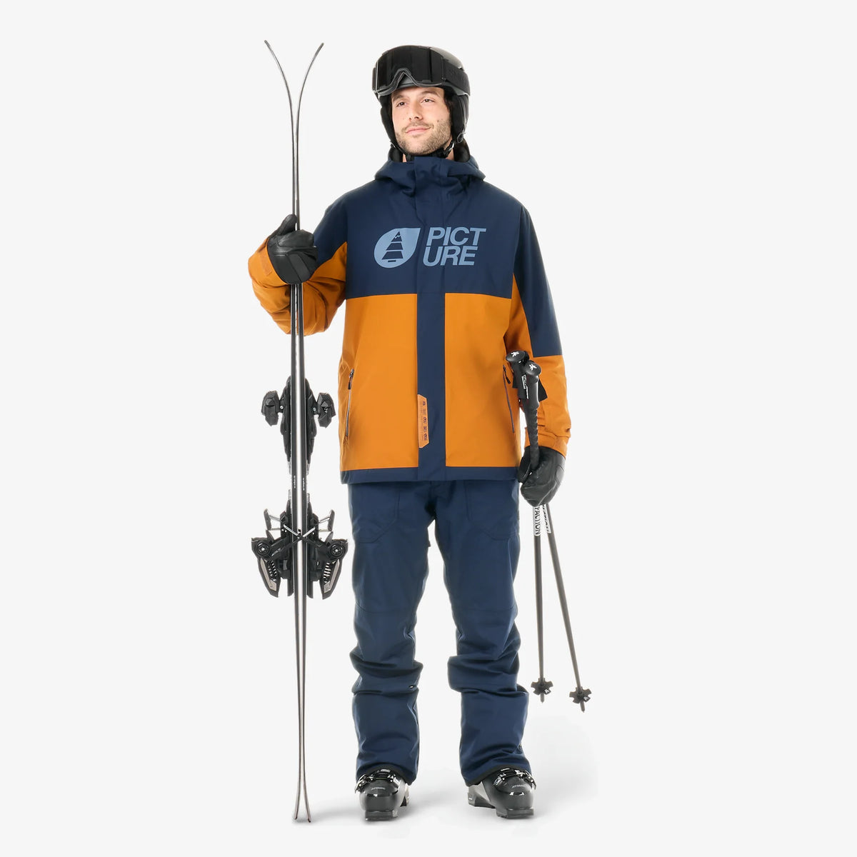 Tenue complète de ski homme avec veste Picture Basement Jacket Camel Coffee, pantalon de neige, skis et bâtons