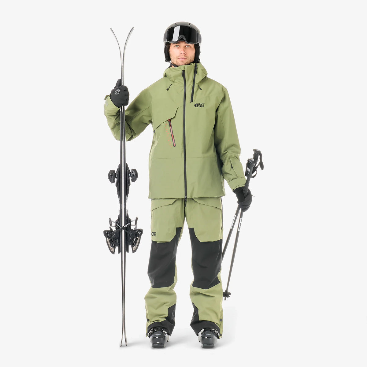 Tenue complète de ski homme avec veste Picture Felnor JKT Olivine, pantalon de neige, skis et bâtons