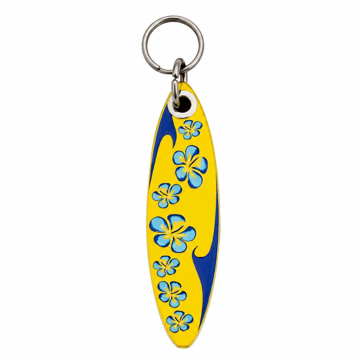 Porte-clés planche de surf jaune avec fleurs bleues