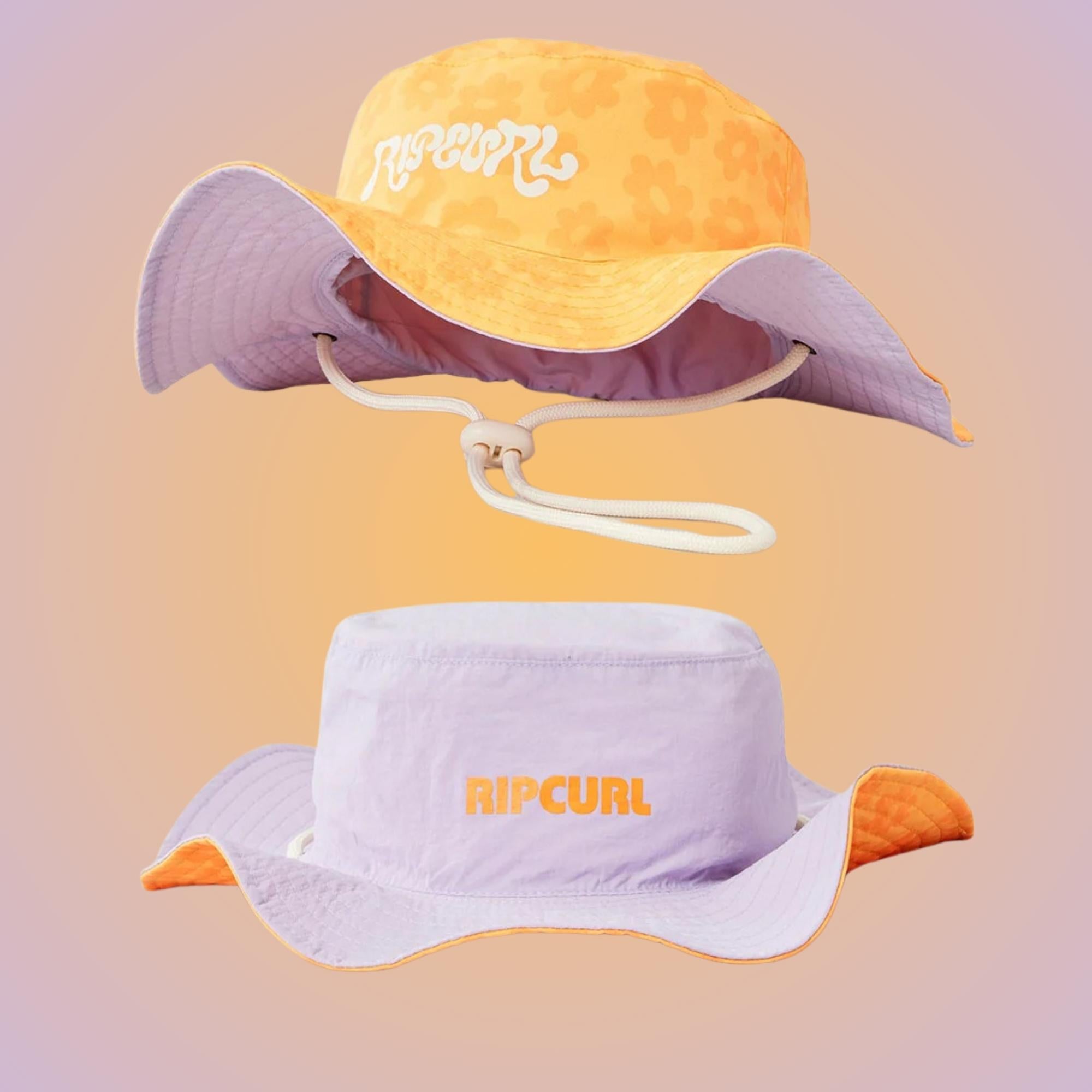 bob avec cordon pour fille anti uv UPF 50+ sechage rapide jaune et violet a fleurs