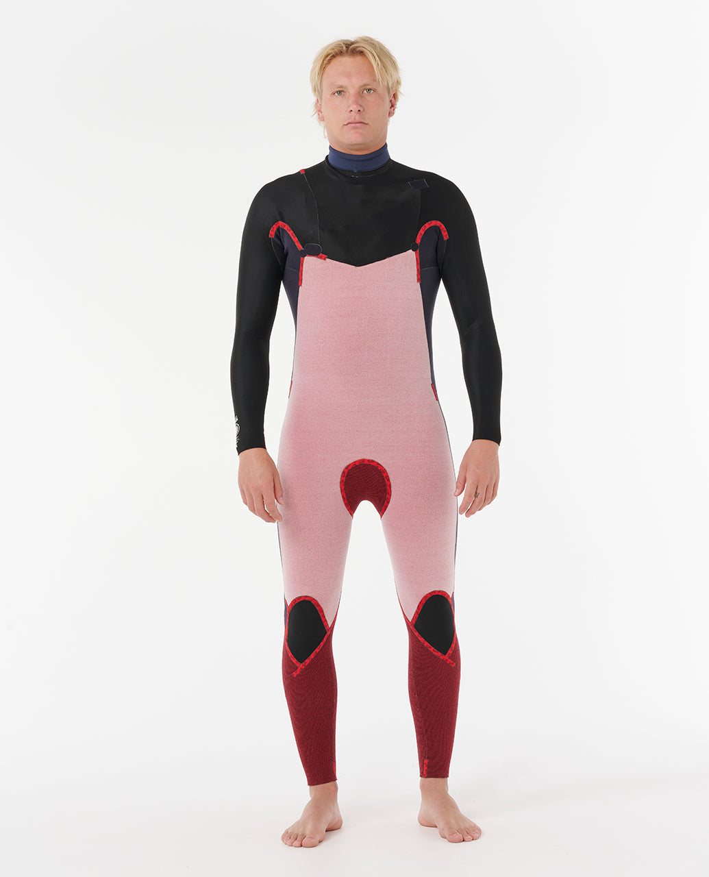Doublure Dawn Patrol CZ 5/3 vue de face, coloris rose, bordeaux et noir avec couture renforcées sur torse et genoux