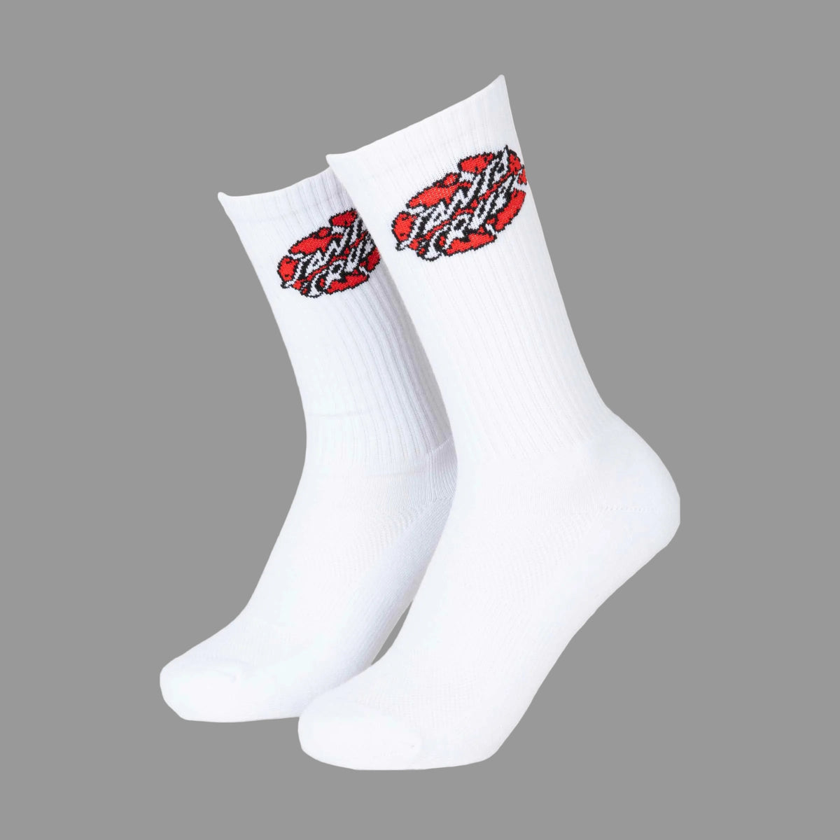 Chaussettes skatewear Santa Cruz Broken Dot blanches, avec logo rouge, noir et bleu placé sous les côtes en haut de tige