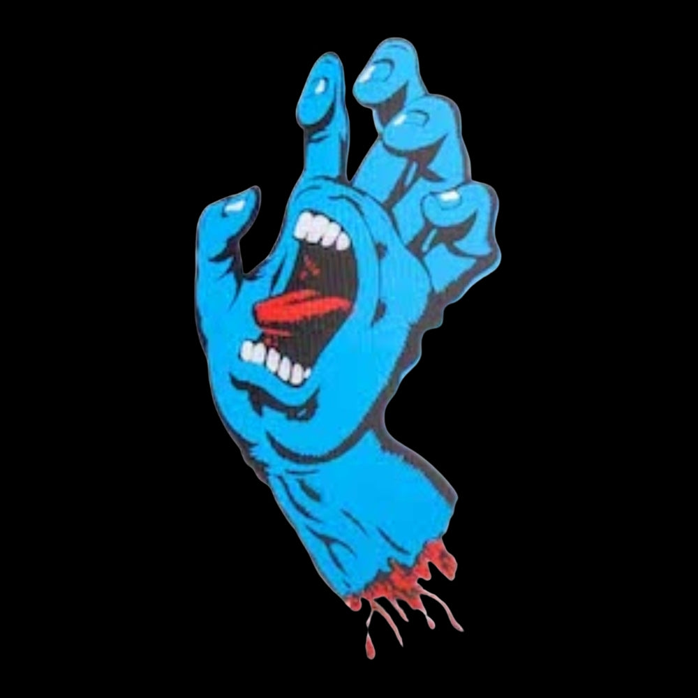 Détail du graphisme Santa Cruz Screaming Hand, main bleue stylisée avec bouche ouverte et accents rouges sur fond noir