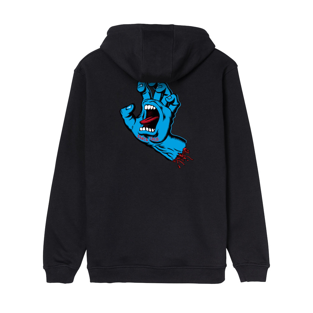Dos du hoodie Santa Cruz Screaming Hand Chest noir, avec grande main hurlante bleue et détails rouges centrés au dos