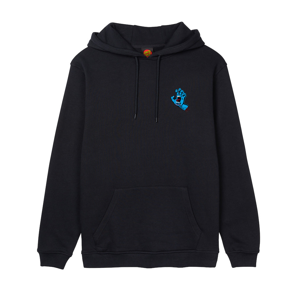 Sweat à capuche surfwear noir vu de face, petit emblème Screaming Hand bleu placé sur la poitrine côté cœur