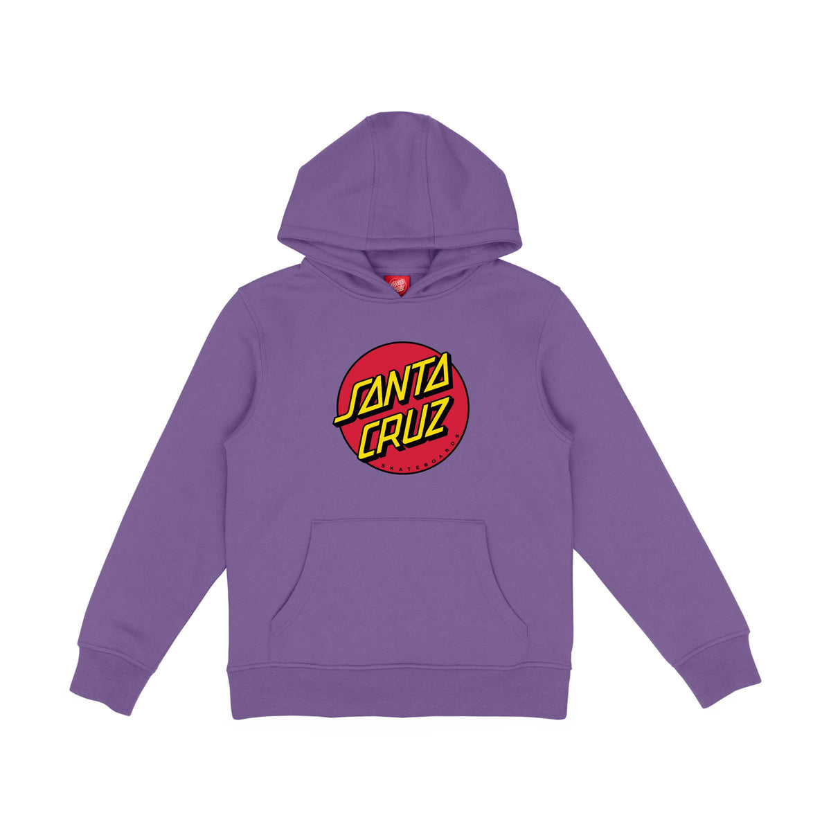 Dos du hoodie violet Classic Dot, avec large emblème Santa Cruz rouge et jaune placé sous la capuche