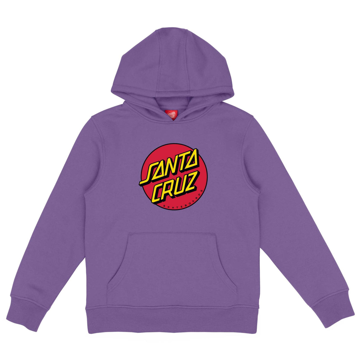 Dos du hoodie violet Classic Dot, avec large emblème Santa Cruz rouge et jaune placé sous la capuche