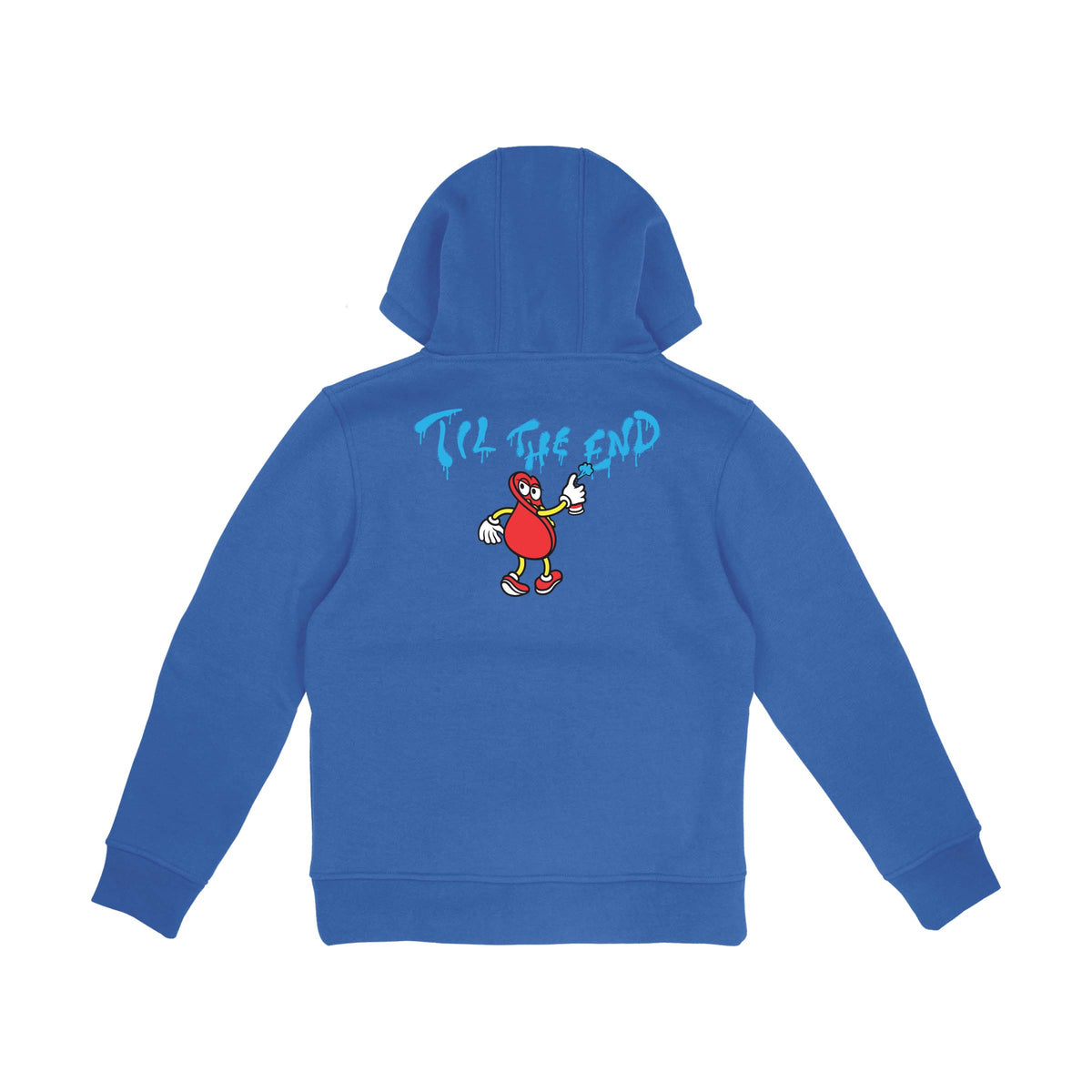 Dos du hoodie skate bleu, avec inscription Til The End et petit personnage graphique placé dans le haut du dos