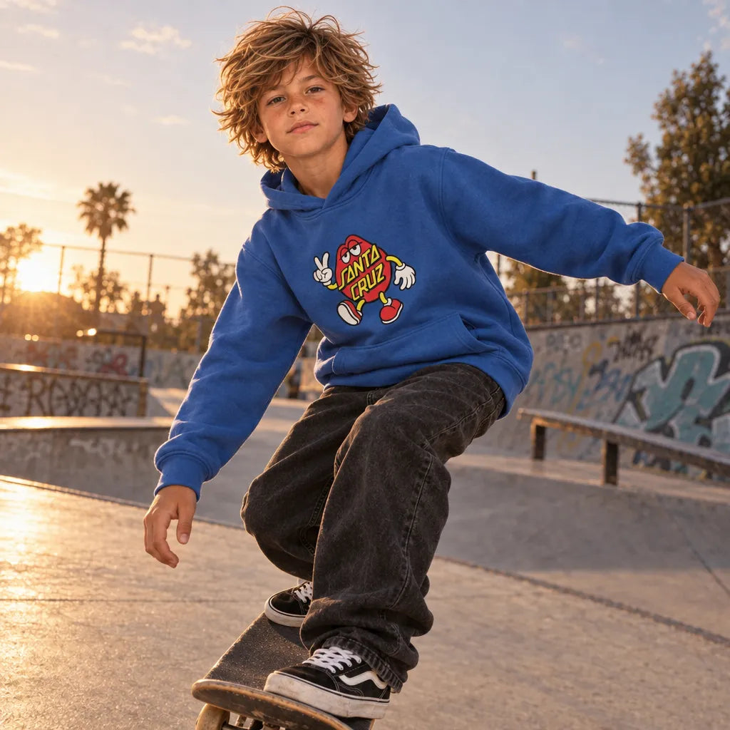 Sweat Santa Cruz Dot Guy TTE Sapphire bleu porté en mouvement sur un skateboard, personnage rouge et jaune imprimé sur la poitrine