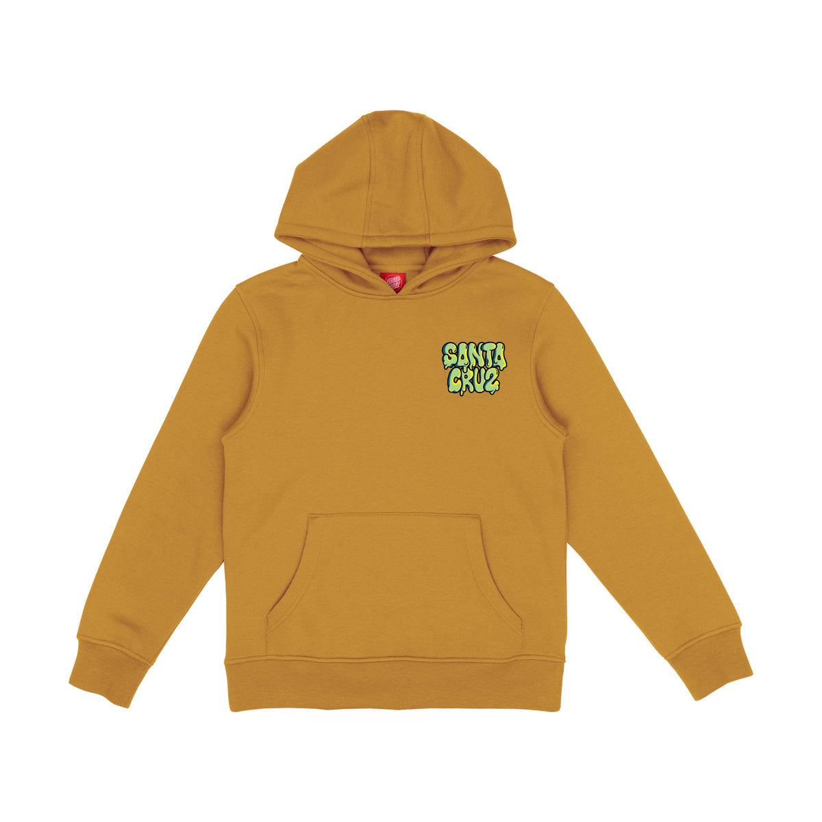 Hoodie skate moutarde de face, petit emblème Slime Balls multicolore placé sur la poitrine côté cœur et poche kangourou