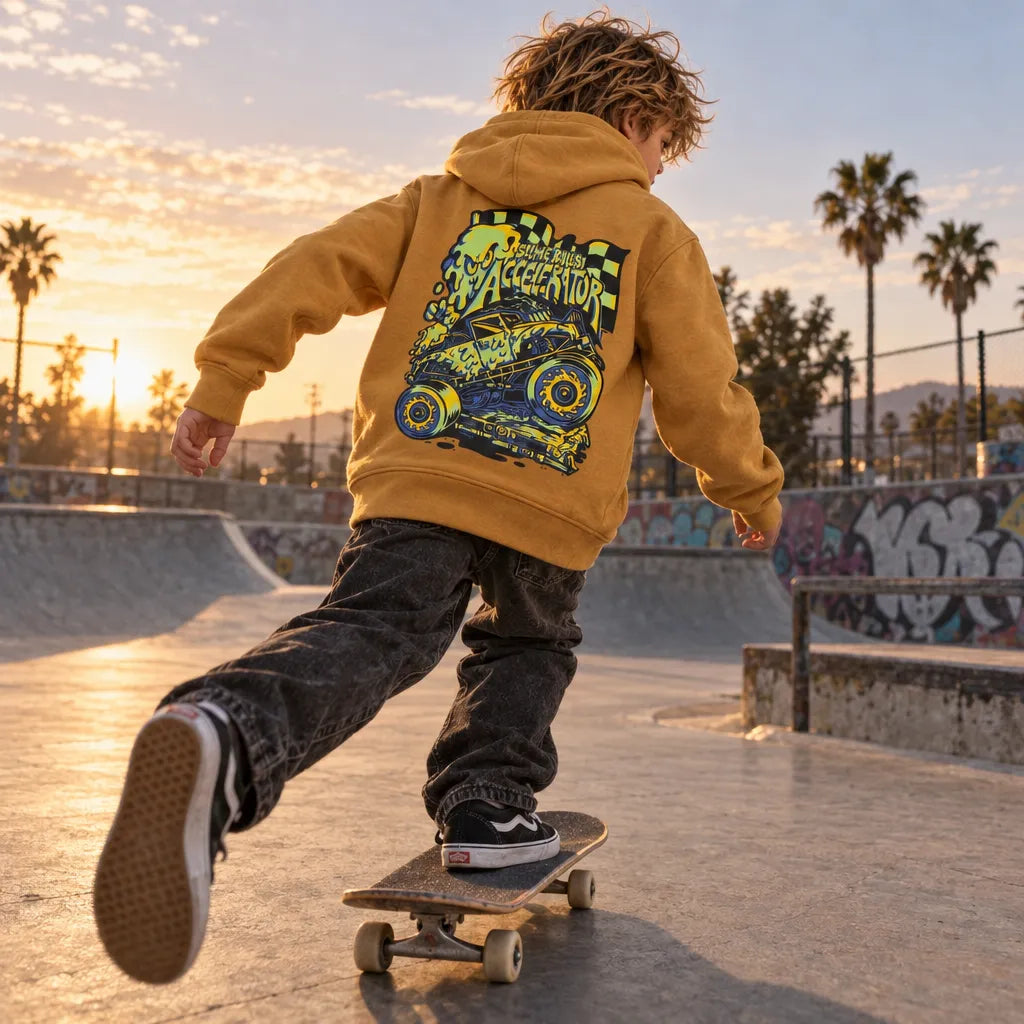 Jeune skateur portant le hoodie Santa Cruz Slime Balls Mustard en train de skater vu de dos