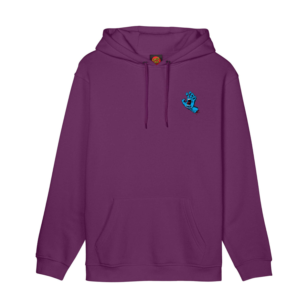 Face du sweat à capuche violet, avec petit emblème Screaming Hand bleu placé sur la poitrine côté cœur