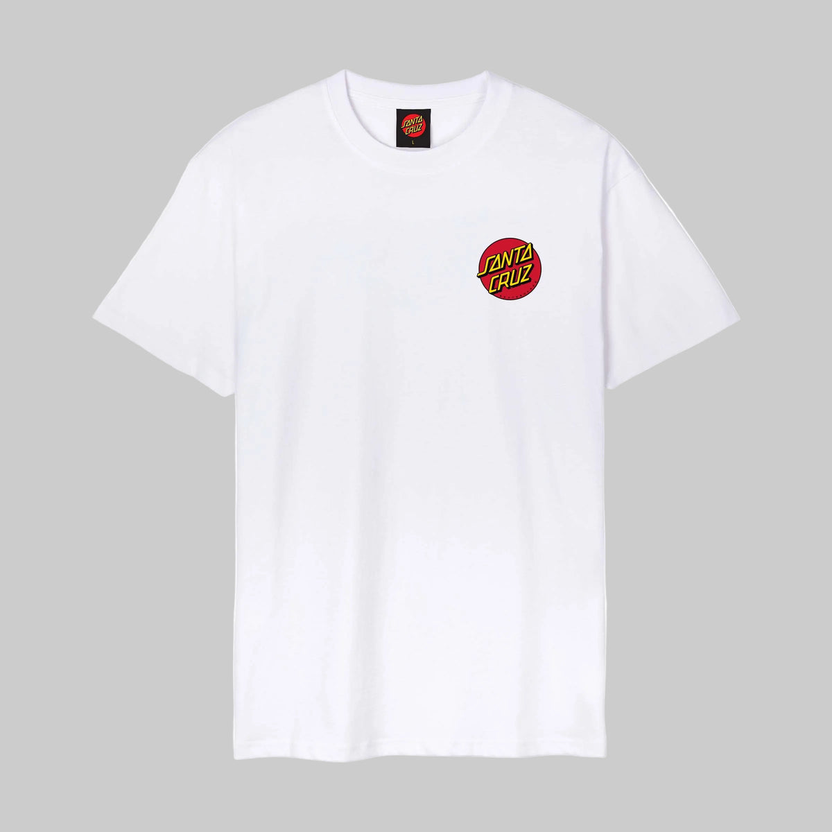 Face du tee-shirt skate blanc, avec petit emblème Classic Dot multicolore placé sur la poitrine côté cœur