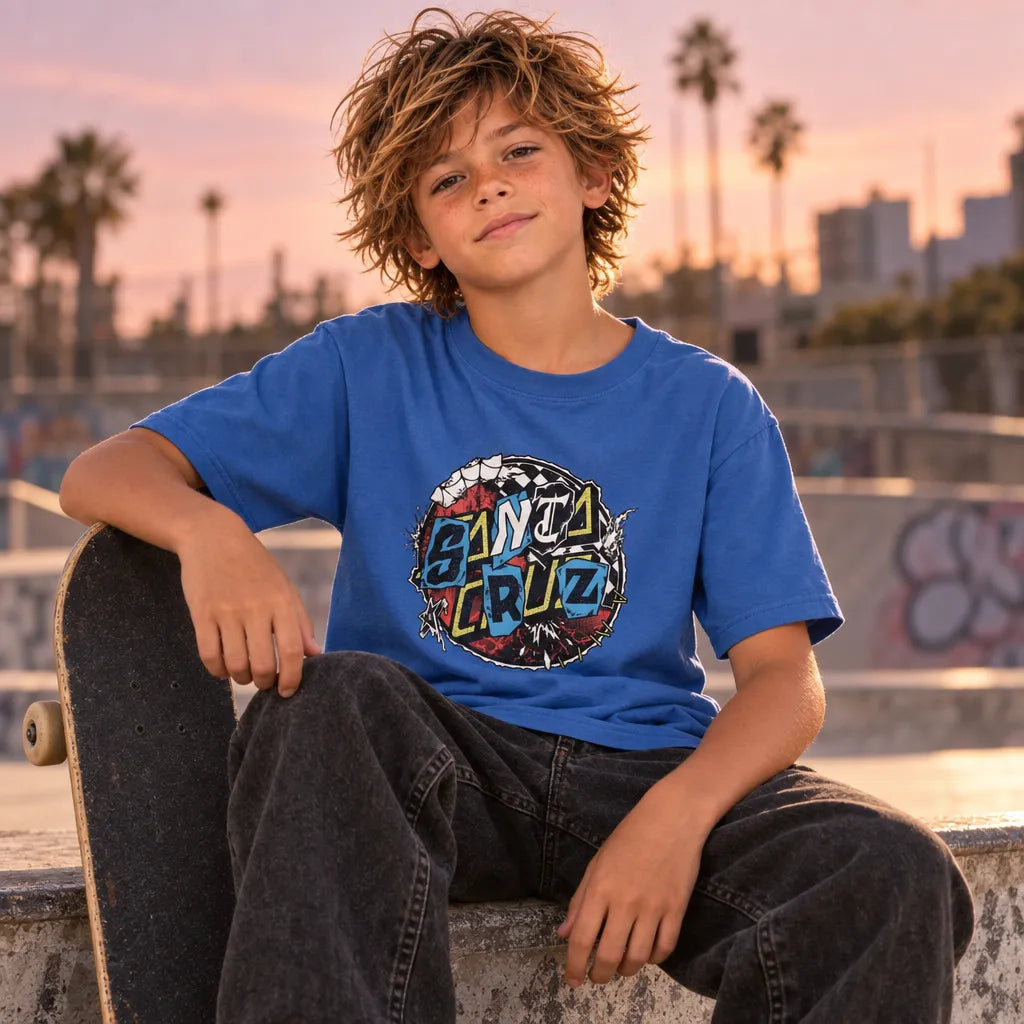 Jeune skateur portant le t-shirt Santa Cruz Pay Off Dot Sapphire au skatepark