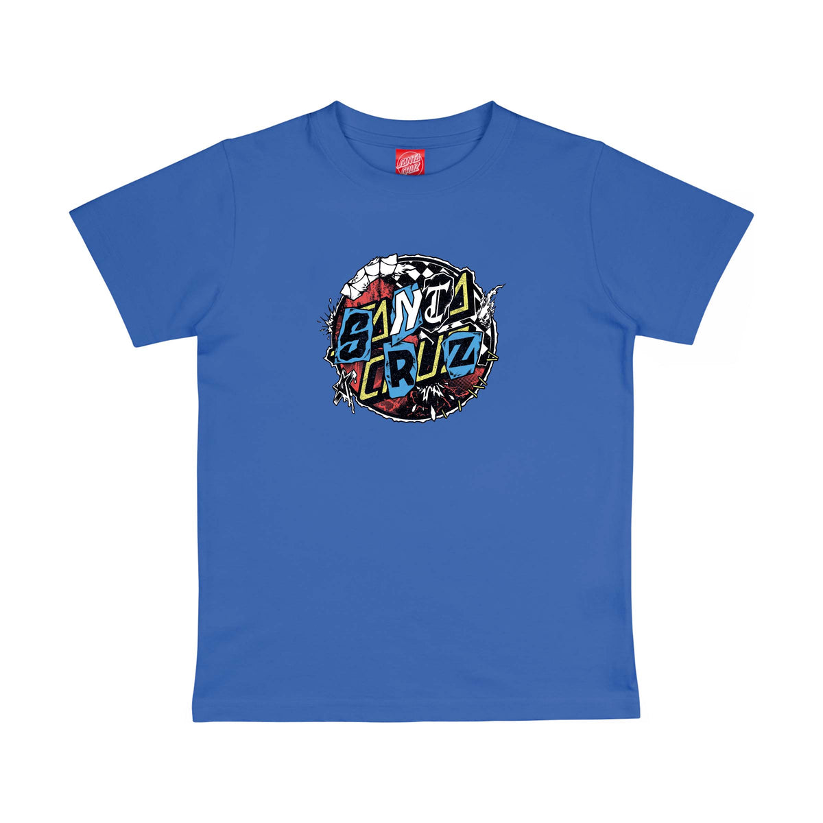 T-shirt enfant skate Santa Cruz Pay Off Dot Front Sapphire vu de face, avec grand emblème circulaire multicolore centré sur la poitrine