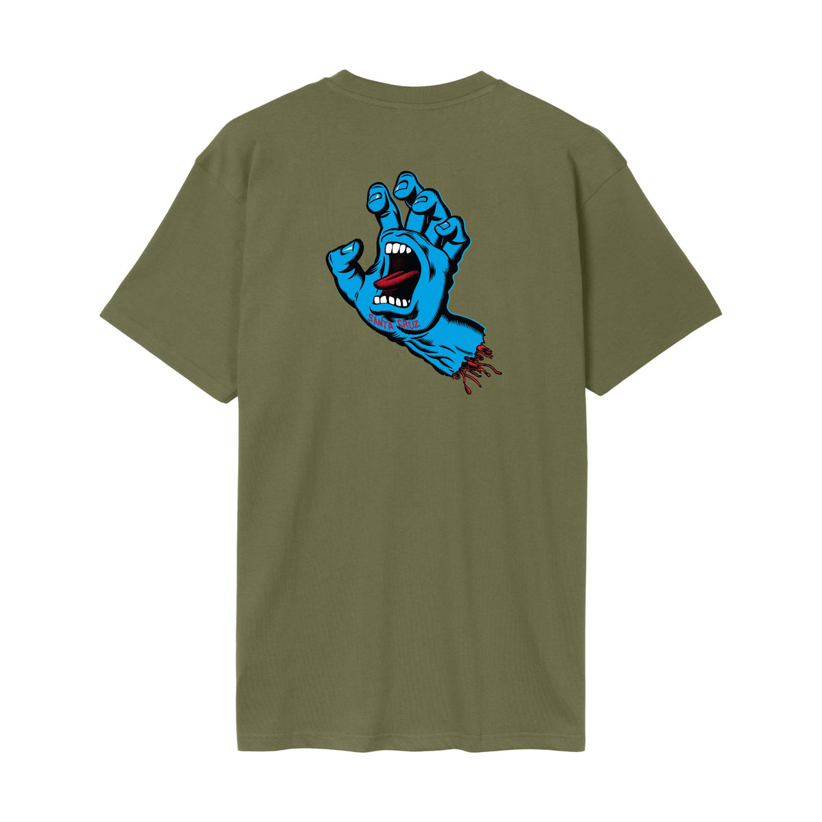 Dos du t-shirt Santa Cruz, dominé par le grand graphisme Screaming Hand bleu contrastant sur le vert olive