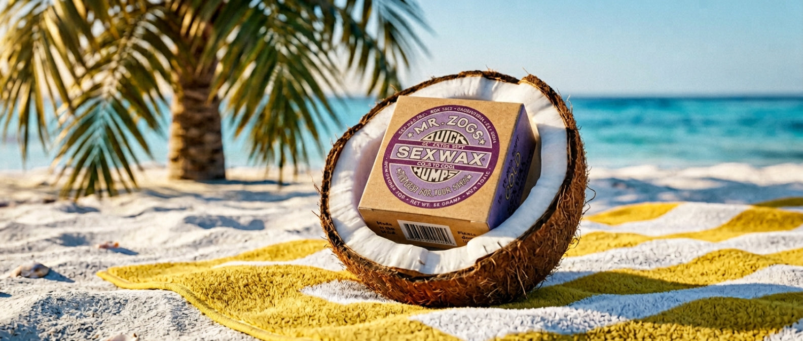 wax de surf violet dans noix de coco sur la plage
