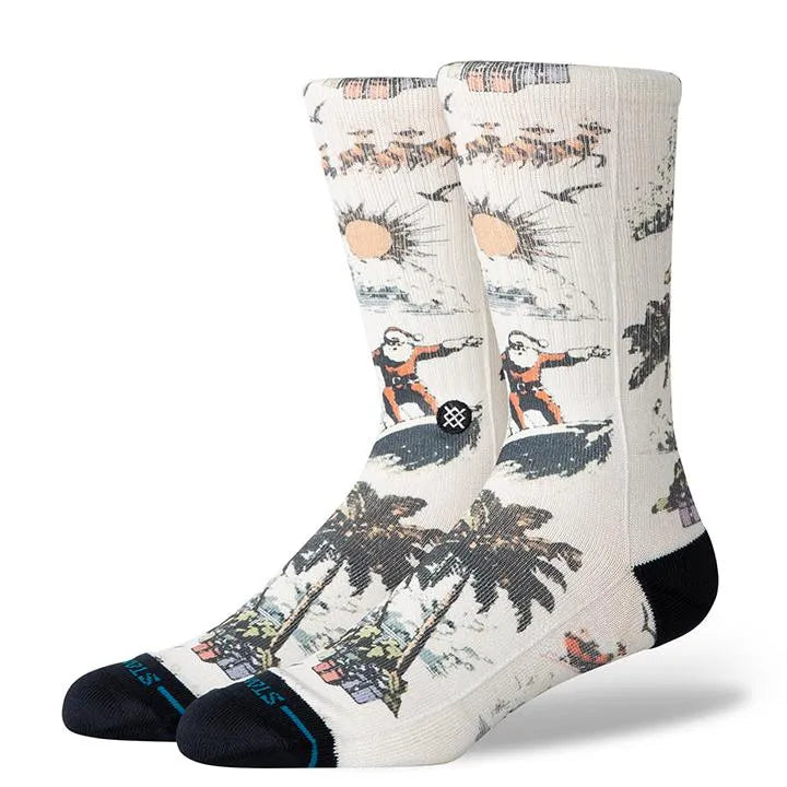 chaussettes stance blanches avec Père Noel surfeur et palmiers unisexe vue de profil