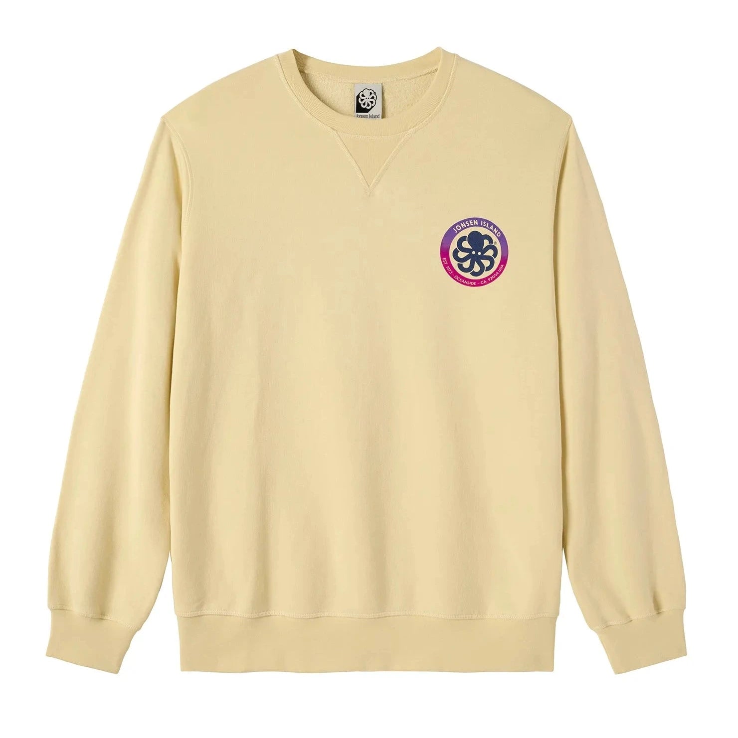 Face du sweat jaune clair sur fond blanc, discret marquage circulaire bleu marine et rose positionné sur la poitrine