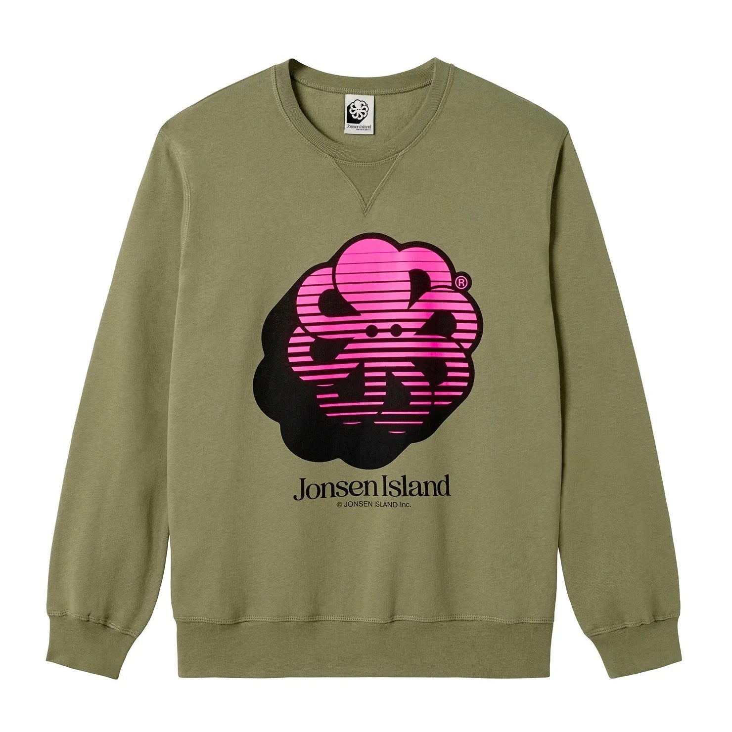 Vue produit du sweat kaki, emblème poulpe à lignes horizontales roses et noires au-dessus du lettrage Jonsen Island