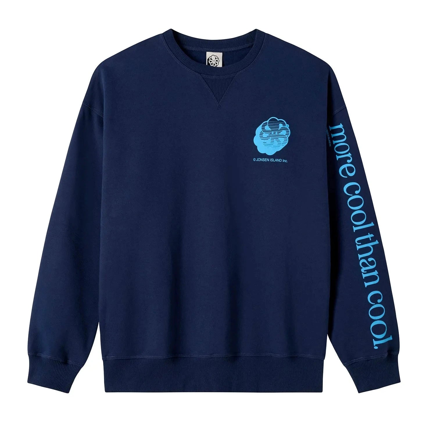 Gustavo More Cool Sleeves bleu marine sur fond blanc, logo pieuvre turquoise poitrine et lettrage More Cool Than Cool sur la manche