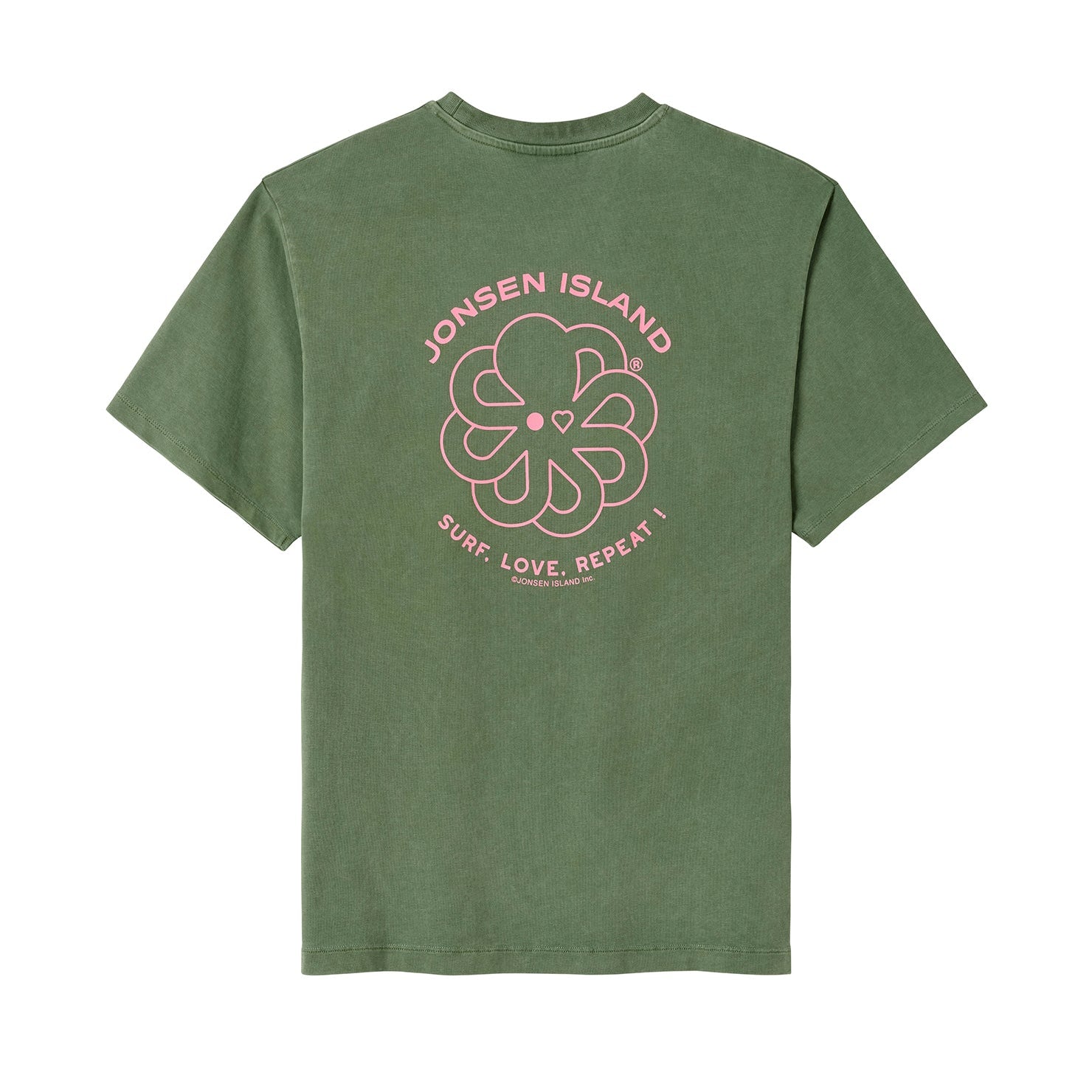 t-shirt jonsen island women vert slr vue de dos avec poulpe rose et inscriptions en cercle autour vue de dos