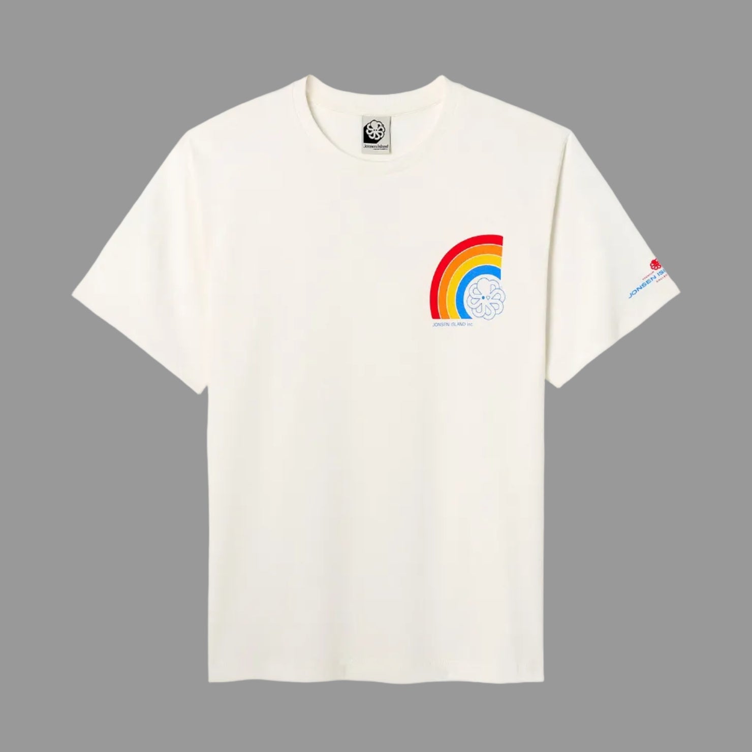 t-shirt jonsen island women blanc vue de face avec poulpe et arc en ciel sur le coeur vue de face et print discret sur la manche