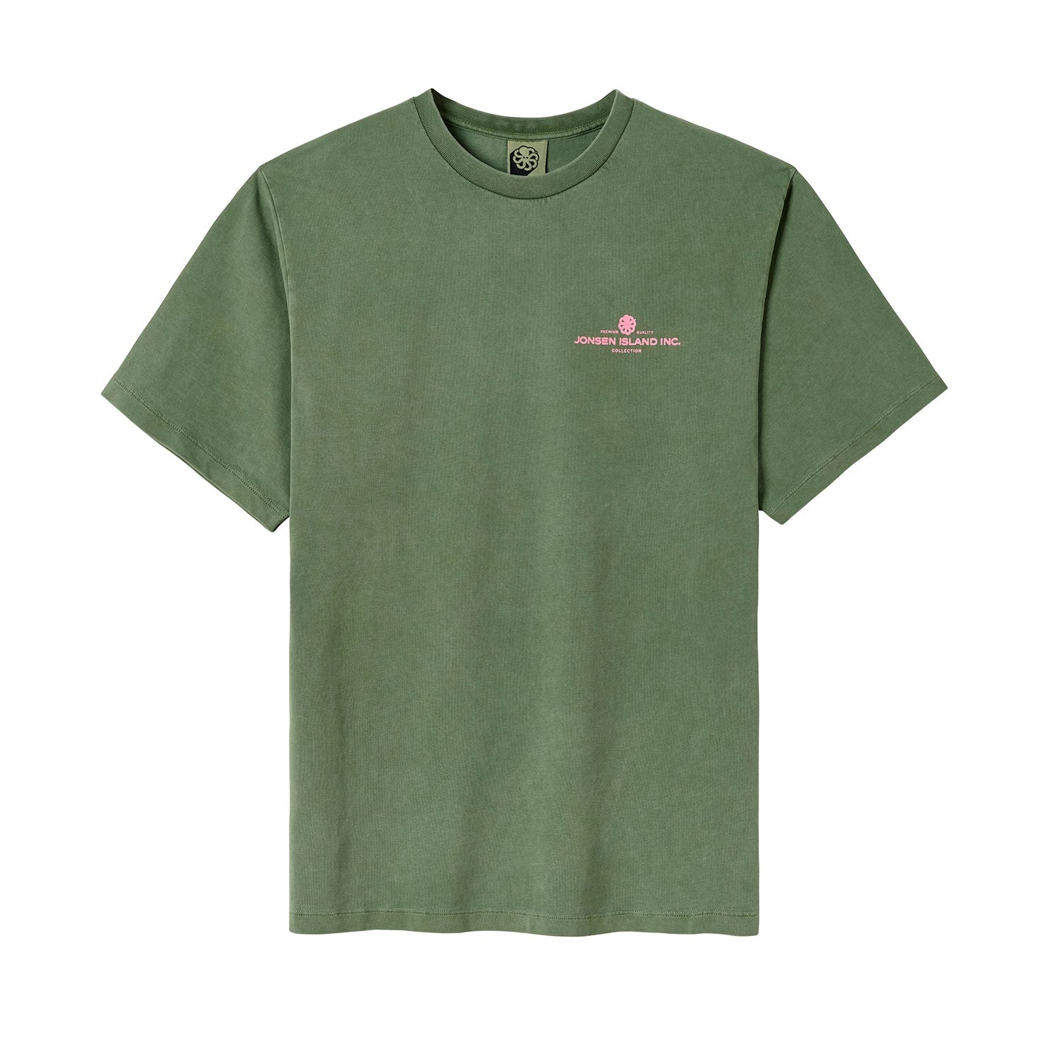 t-shirt jonsen island women vert slr manches courtes vue de face poulpe rose discret sur le coeur