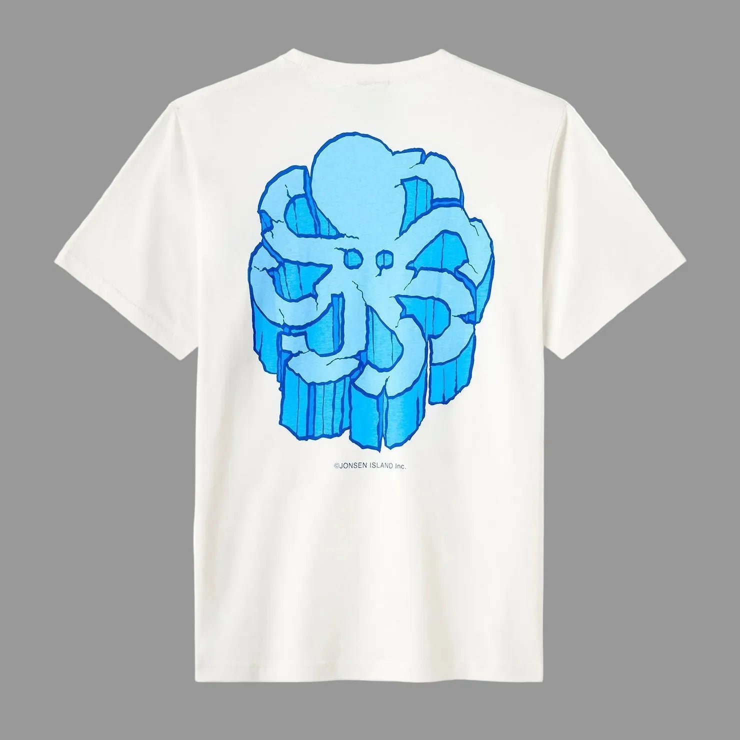 t-shirt jonsen island homme blanc big stone vue de dos avec poulpe en pierre bleu